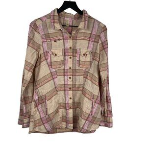 Free People Top Women's Plaid Linen Blend Roll Tab Pink Tan Size M Boho Western